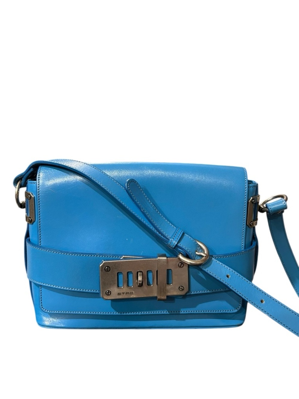ETRO Blue Leather Belted Push-Lock Shoulder Bag - Rare 2014 Italy Authentic!